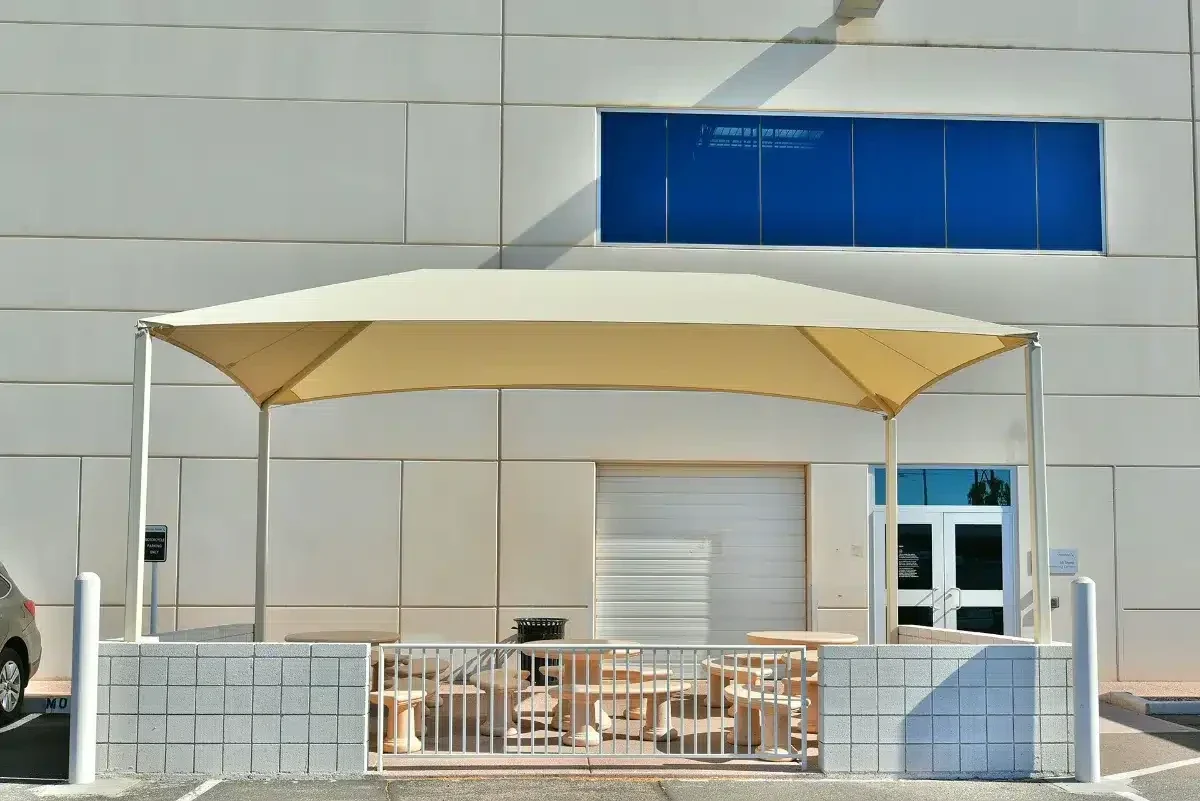 Commercial tensile shade structures at an Arizona workplace